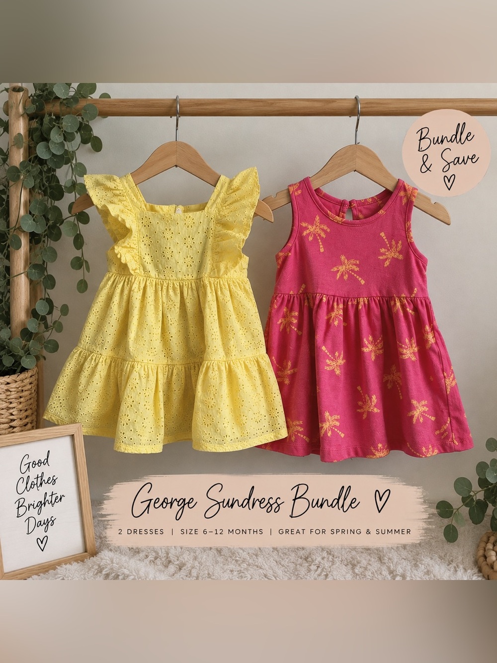 George Girls 6–12M Sundress Bundle – Yellow Eyelet & Pink Palm Print